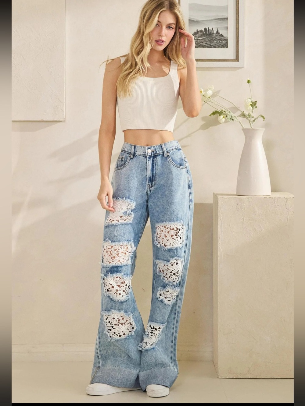 Oli & Hali Light Blue Distressed Wide-Leg Jeans with White Lace Insets
